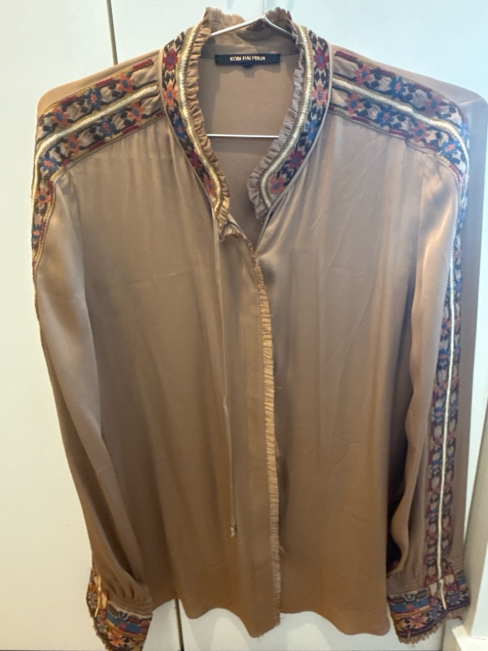 Kobi Halperin Camel Silk Blouse with Multicolor Embroidered Trim